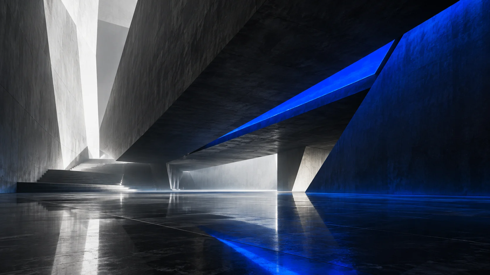 Original concept image: graphite architectural space with electric-blue light.