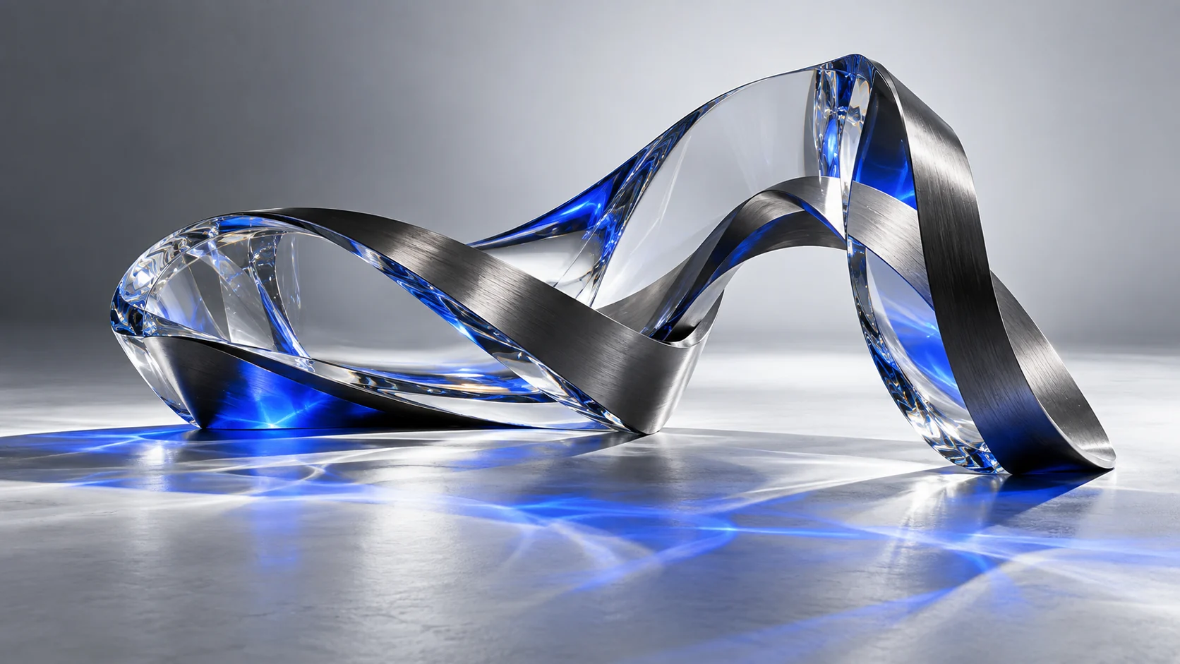 Original concept image: silver-metal and blue optical-glass sculpture.