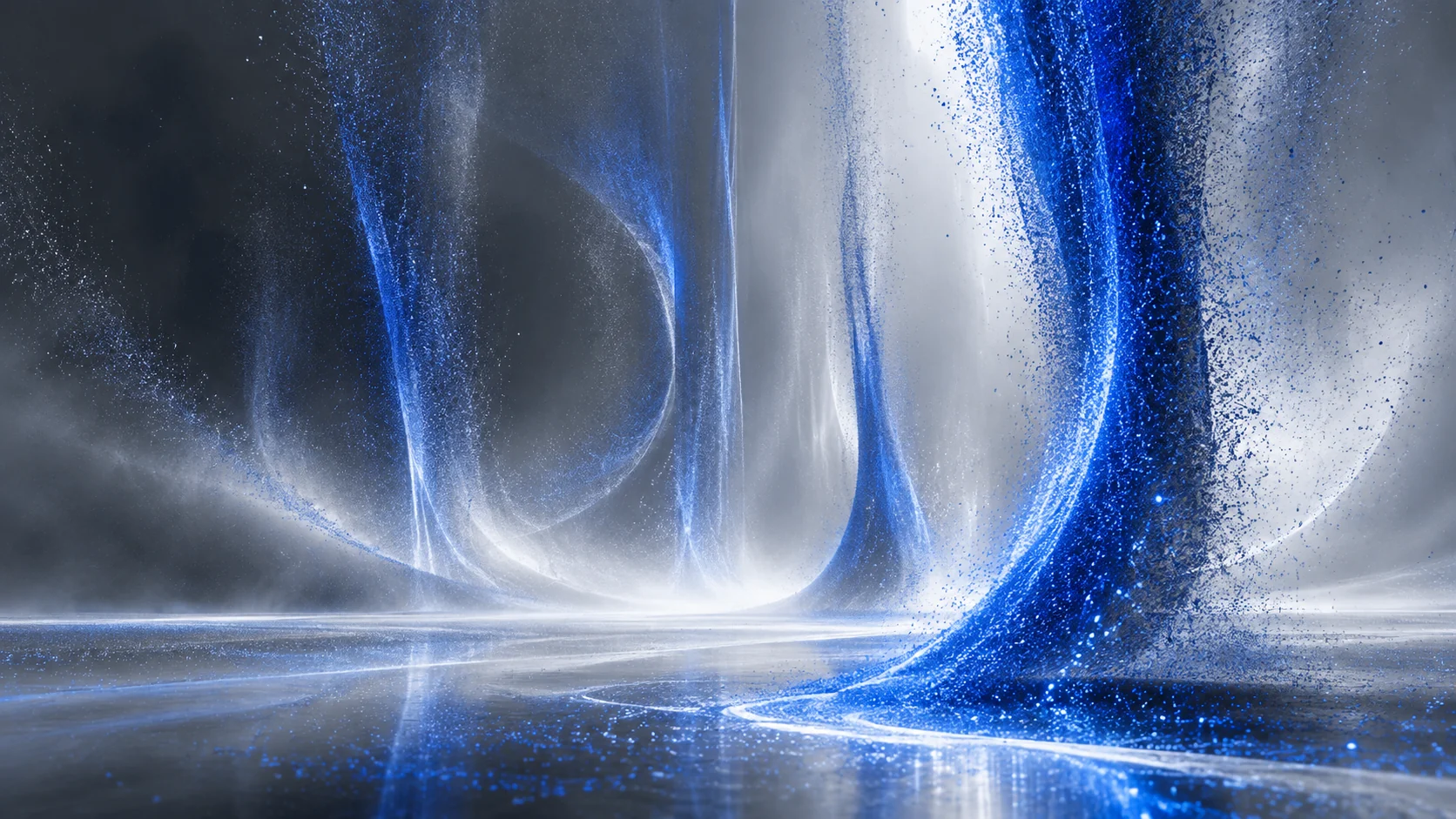 Original concept image: blue-white particle light gathering into abstract forms.