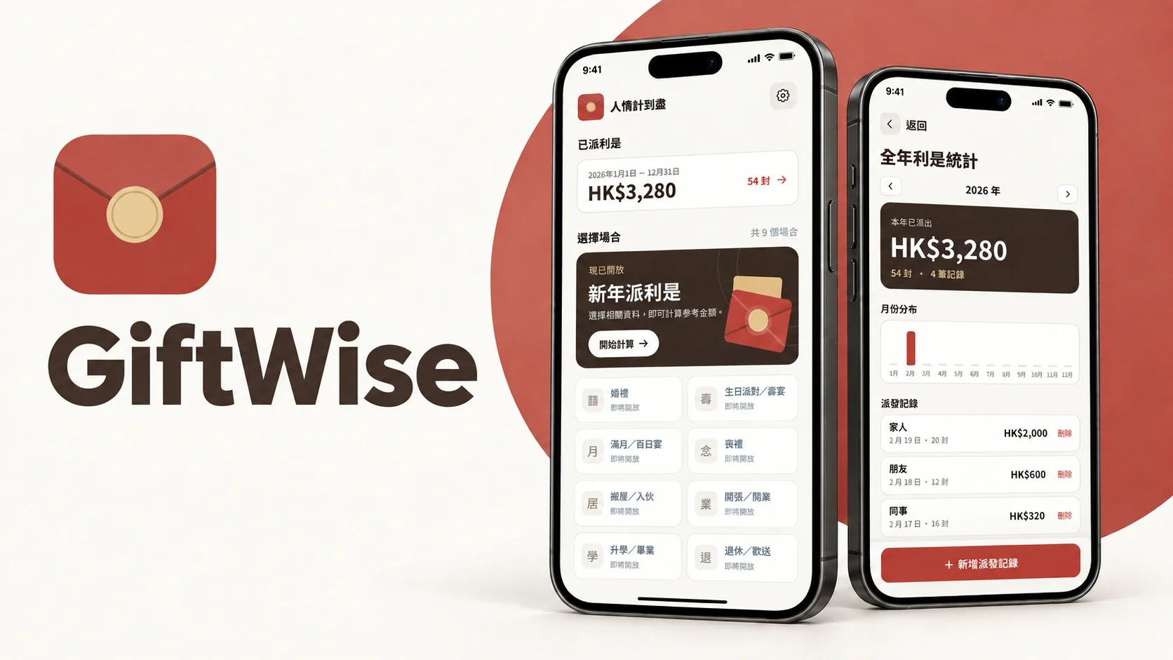 GiftWise design mockup: red-packet calculator and annual summary on two phones.