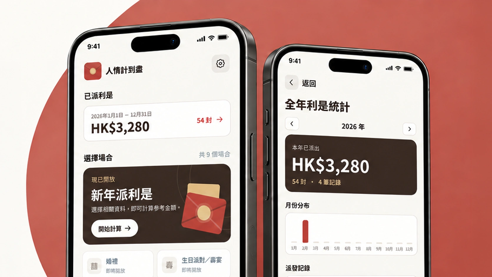 GiftWise design mockup showing the home view and annual red-packet summary.