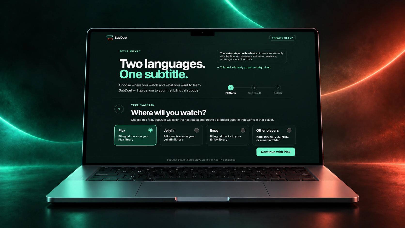SubDuet setup design on a laptop, with green and orange light.