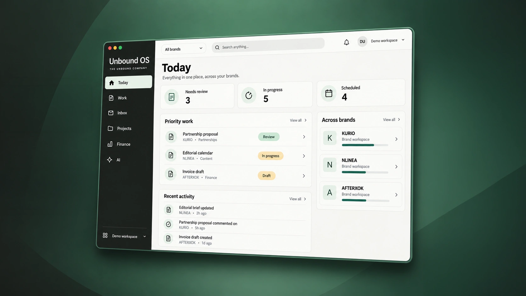 Unbound OS workspace design mockup using demonstration content.