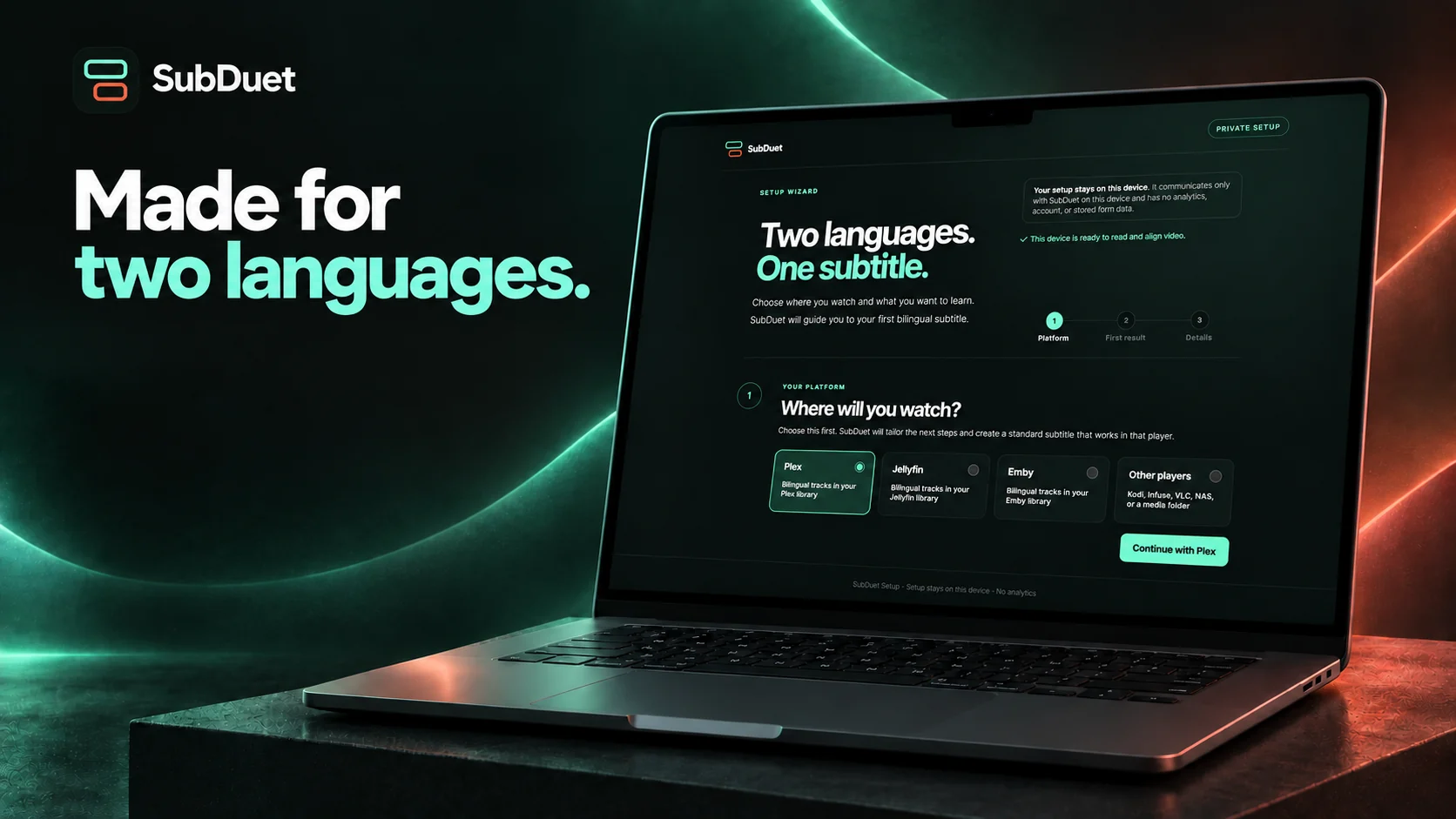 SubDuet design mockup: bilingual subtitle setup shown on a laptop.