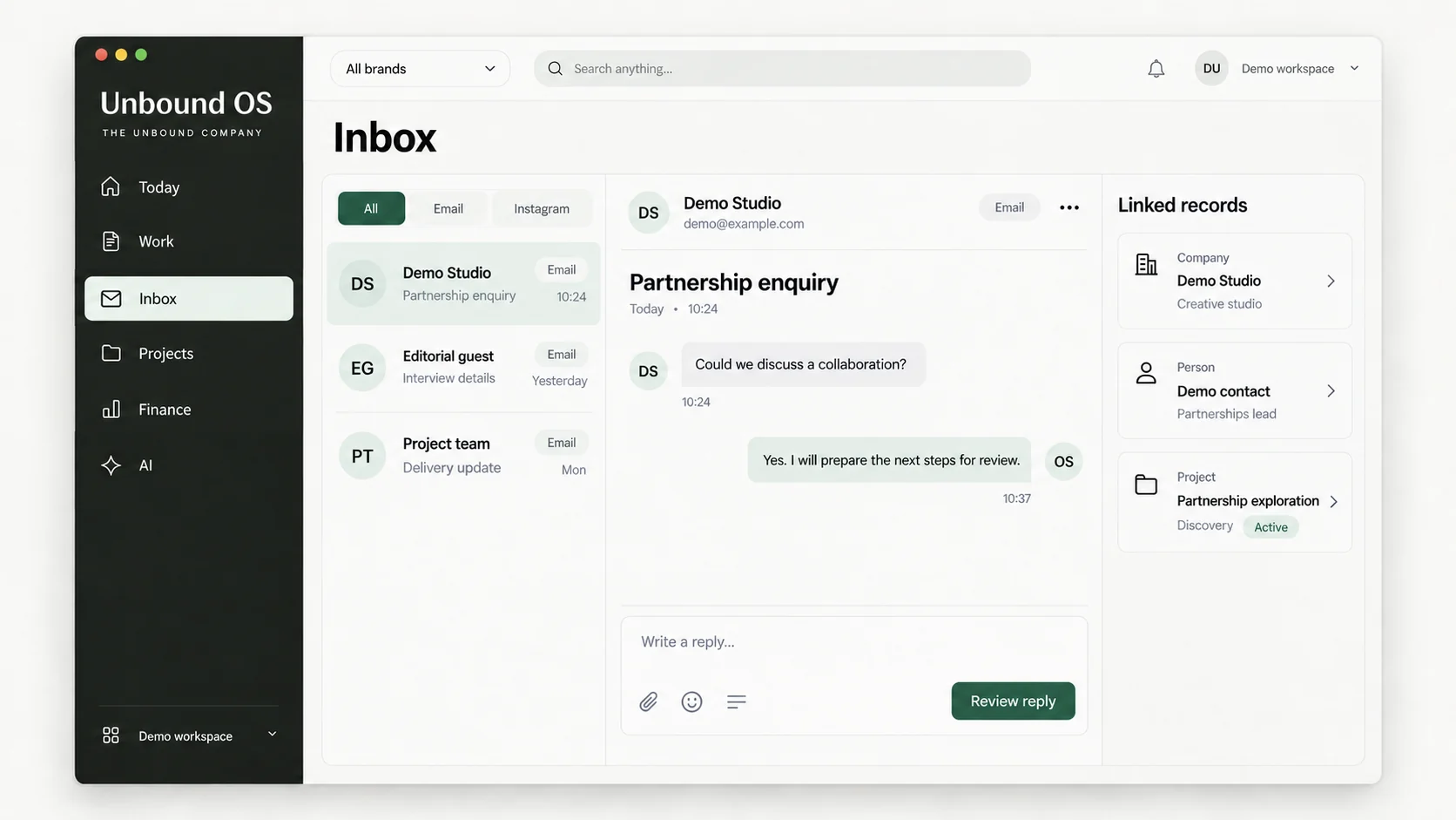 Unbound OS inbox design mockup using demonstration content.